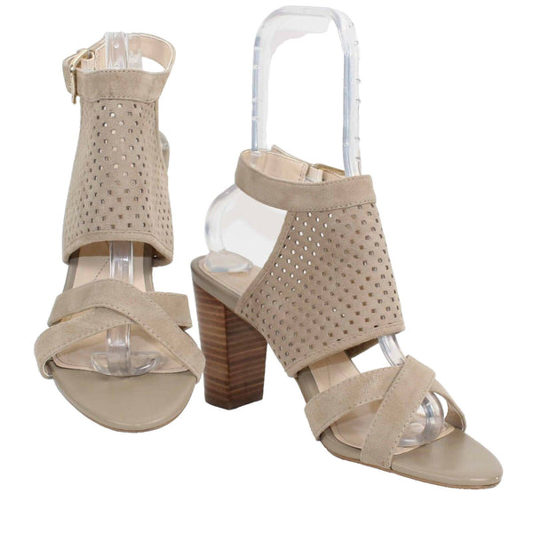 Isola Sz 9.5 Tan High Heel Slingback Strappy Perforated Suede Sandal