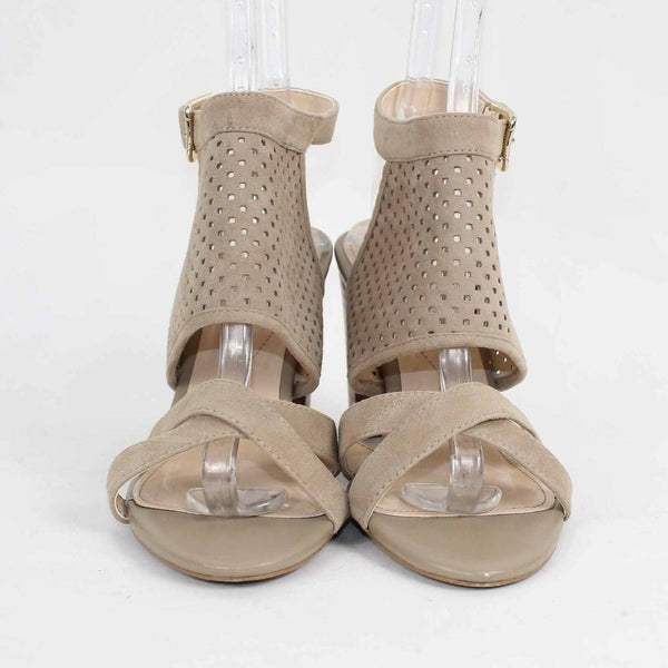 Isola Sz 9.5 Tan High Heel Slingback Strappy Perforated Suede Sandal