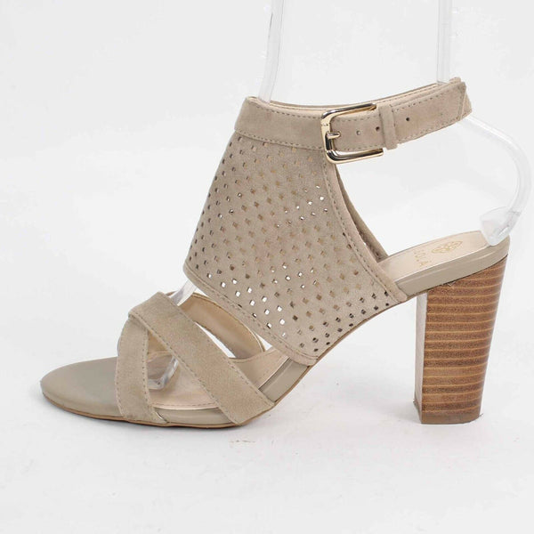 Isola Sz 9.5 Tan High Heel Slingback Strappy Perforated Suede Sandal