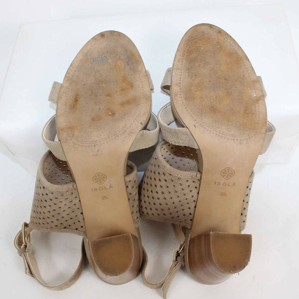 Isola Sz 9.5 Tan High Heel Slingback Strappy Perforated Suede Sandal