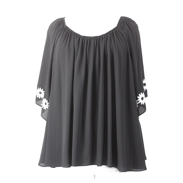 Joseph Ribkoff Top Sz 18 Black White Ruffle Shoulders Floral Embroidered Top