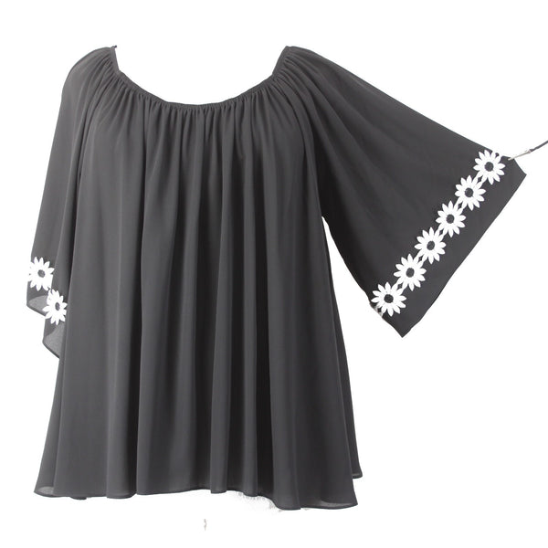Joseph Ribkoff Top Sz 18 Black White Ruffle Shoulders Floral Embroidered Top