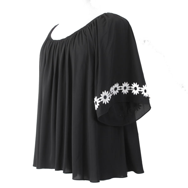 Joseph Ribkoff Top Sz 18 Black White Ruffle Shoulders Floral Embroidered Top