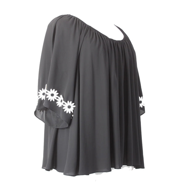 Joseph Ribkoff Top Sz 18 Black White Ruffle Shoulders Floral Embroidered Top