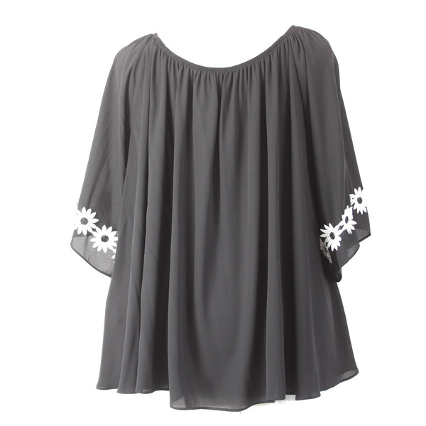Joseph Ribkoff Top Sz 18 Black White Ruffle Shoulders Floral Embroidered Top