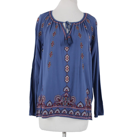 J Jill Sz XS Blue Burgundy Multi Color Tassel Embroidery 100% Viscose Rayon Top