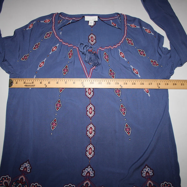 J Jill Sz XS Blue Burgundy Multi Color Tassel Embroidery 100% Viscose Rayon Top