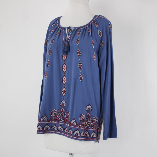 J Jill Sz XS Blue Burgundy Multi Color Tassel Embroidery 100% Viscose Rayon Top