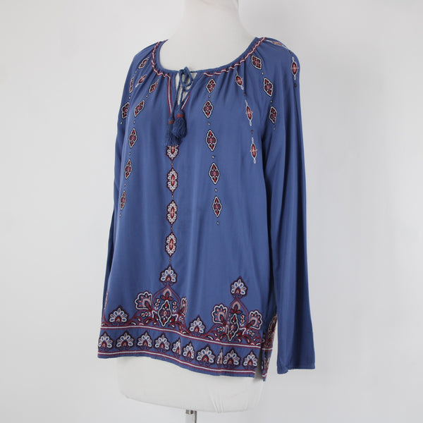 J Jill Sz XS Blue Burgundy Multi Color Tassel Embroidery 100% Viscose Rayon Top