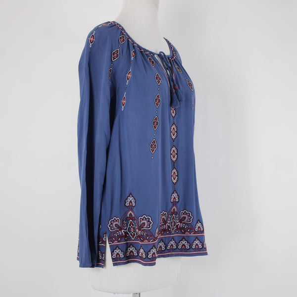 J Jill Sz XS Blue Burgundy Multi Color Tassel Embroidery 100% Viscose Rayon Top