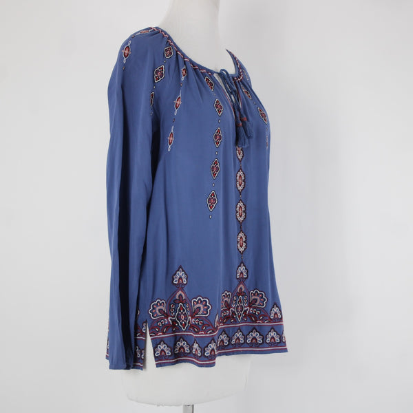 J Jill Sz XS Blue Burgundy Multi Color Tassel Embroidery 100% Viscose Rayon Top