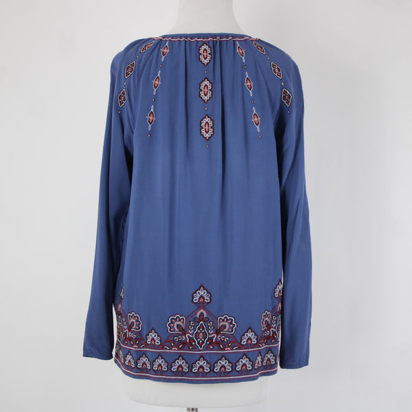 J Jill Sz XS Blue Burgundy Multi Color Tassel Embroidery 100% Viscose Rayon Top