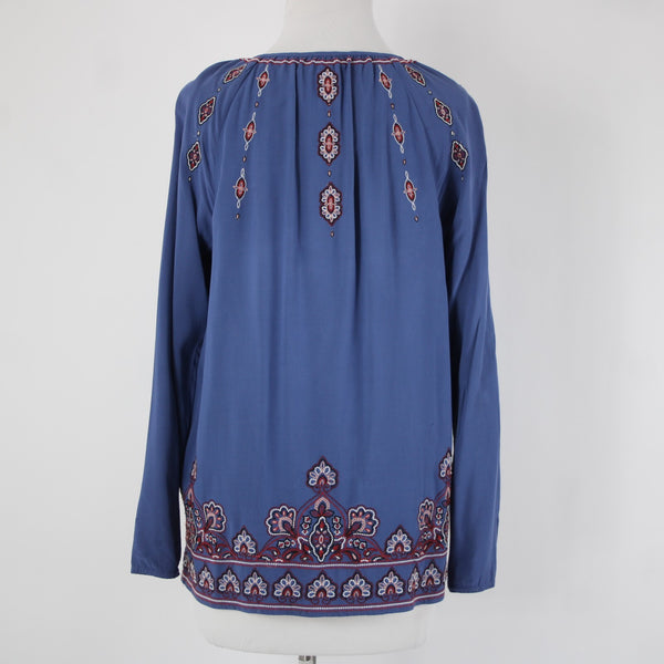 J Jill Sz XS Blue Burgundy Multi Color Tassel Embroidery 100% Viscose Rayon Top