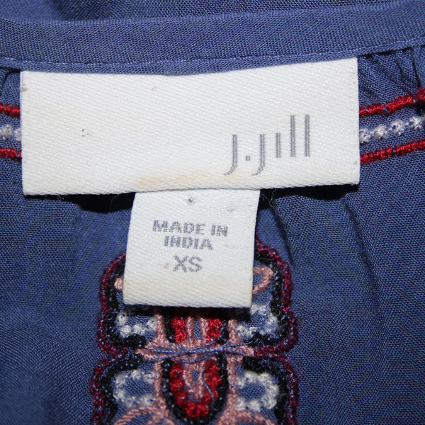 J Jill Sz XS Blue Burgundy Multi Color Tassel Embroidery 100% Viscose Rayon Top