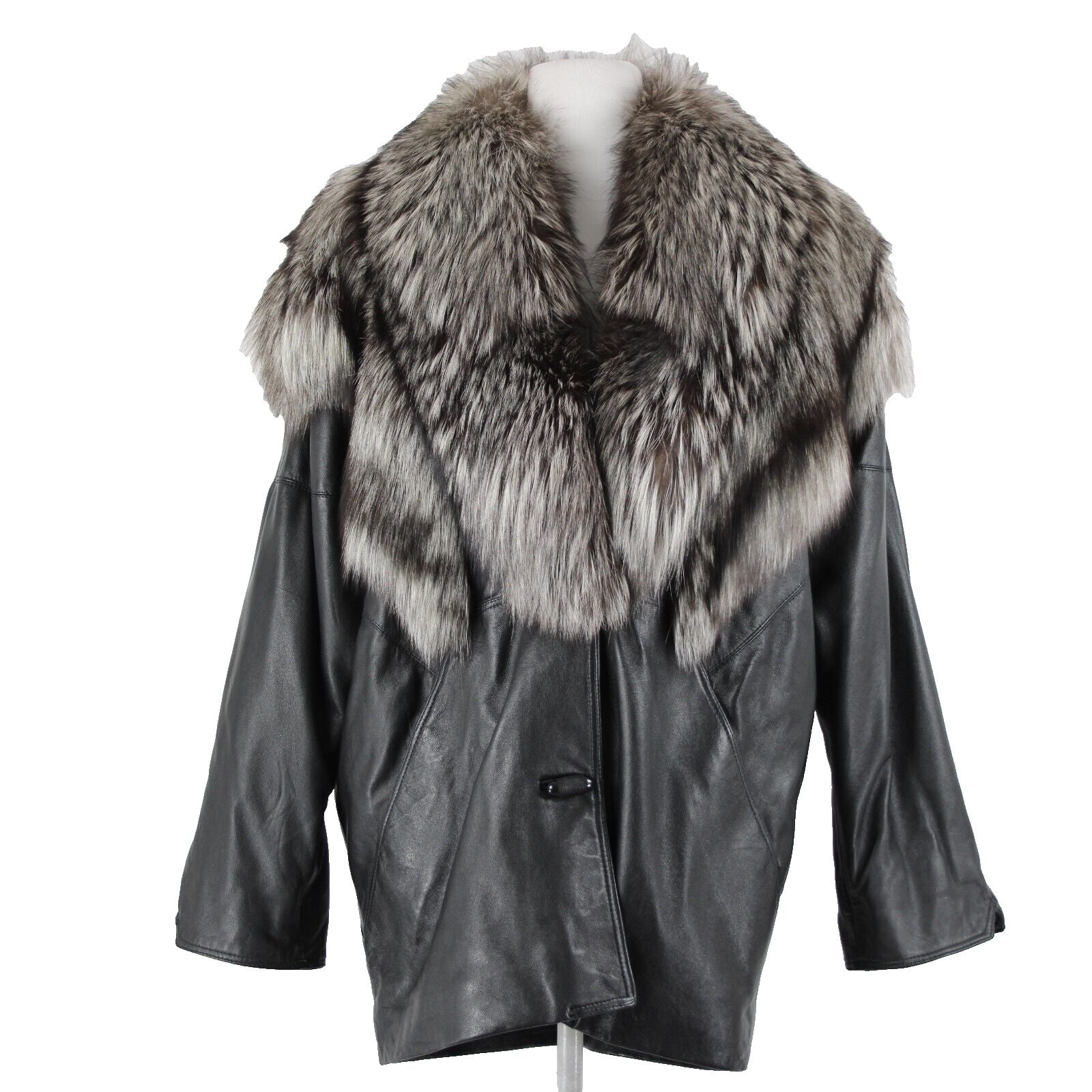 Lillie Rubin Black Gray Fox Fur Collar Pockets Lined 100% Leather Jacket