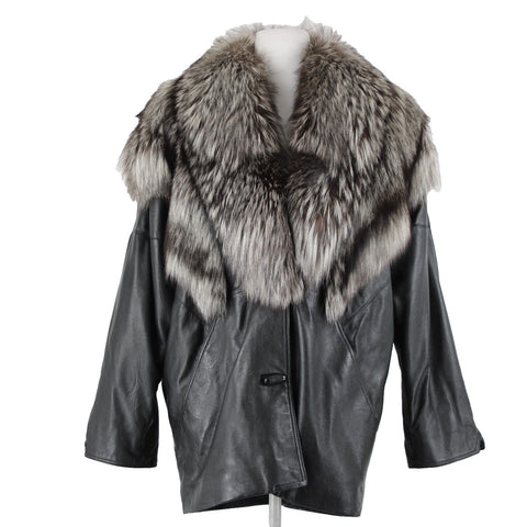 Lillie Rubin Black Gray Fox Fur Collar Pockets Lined 100% Leather Jacket