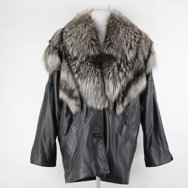 Lillie Rubin Black Gray Fox Fur Collar Pockets Lined 100% Leather Jacket