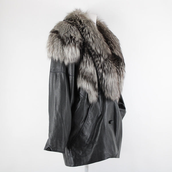 Lillie Rubin Black Gray Fox Fur Collar Pockets Lined 100% Leather Jacket