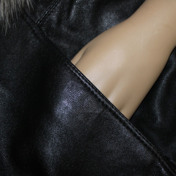 Lillie Rubin Black Gray Fox Fur Collar Pockets Lined 100% Leather Jacket