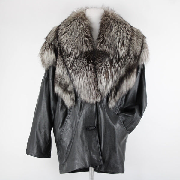 Lillie Rubin Black Gray Fox Fur Collar Pockets Lined 100% Leather Jacket