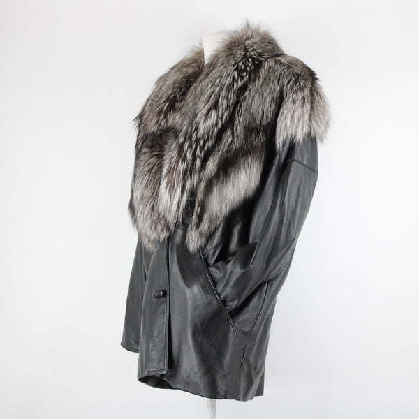 Lillie Rubin Black Gray Fox Fur Collar Pockets Lined 100% Leather Jacket