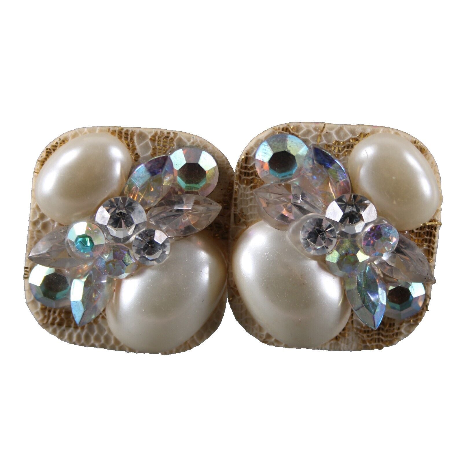 KSD VTG Cream Gold Faux Pearls AB Rhinestones Rectangular 1.5" Pierced Earrings