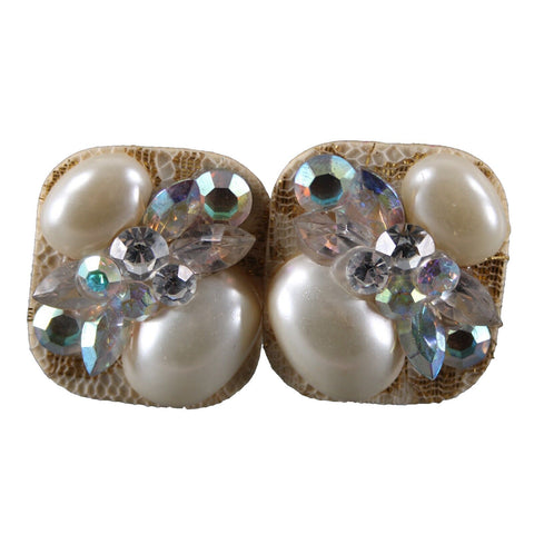 KSD VTG Cream Gold Faux Pearls AB Rhinestones Rectangular 1.5" Pierced Earrings