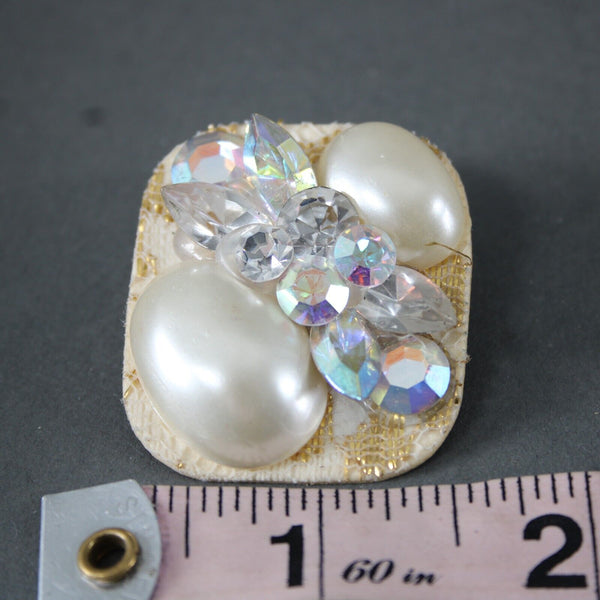 KSD VTG Cream Gold Faux Pearls AB Rhinestones Rectangular 1.5" Pierced Earrings