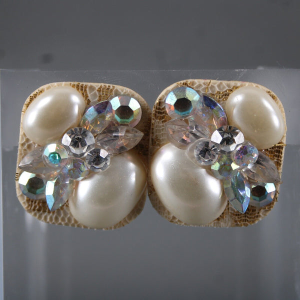 KSD VTG Cream Gold Faux Pearls AB Rhinestones Rectangular 1.5" Pierced Earrings