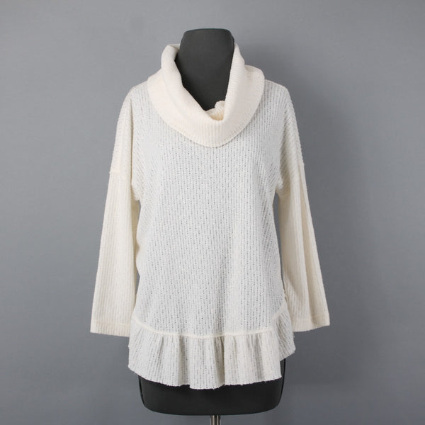 Maeve Sz S Ivory Perforated Knit 3/4 Slv Poly Viscose Cowl Neck Peplum Sweater