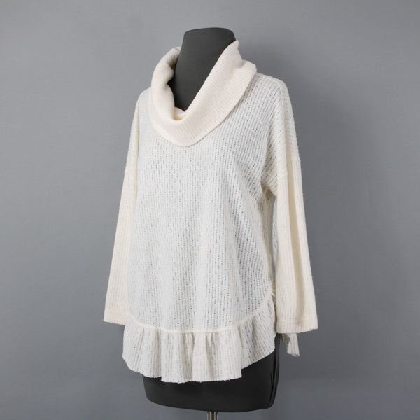 Maeve Sz S Ivory Perforated Knit 3/4 Slv Poly Viscose Cowl Neck Peplum Sweater