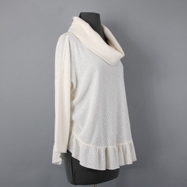 Maeve Sz S Ivory Perforated Knit 3/4 Slv Poly Viscose Cowl Neck Peplum Sweater