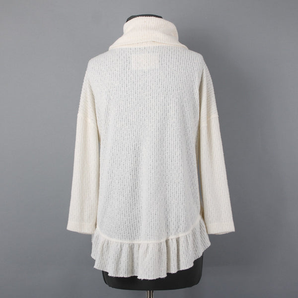 Maeve Sz S Ivory Perforated Knit 3/4 Slv Poly Viscose Cowl Neck Peplum Sweater