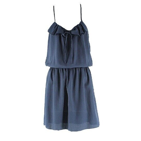 Ya LA Sz S Navy Ruffle Neck Smocked Waist Cotton Polyester Racer Back Dress