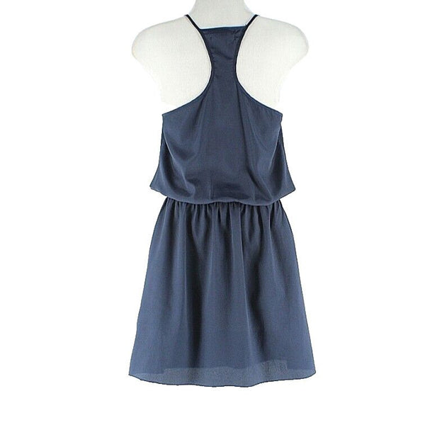 Ya LA Sz S Navy Ruffle Neck Smocked Waist Cotton Polyester Racer Back Dress