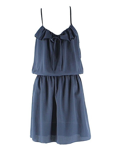 Ya LA Sz S Navy Ruffle Neck Smocked Waist Cotton Polyester Racer Back Dress