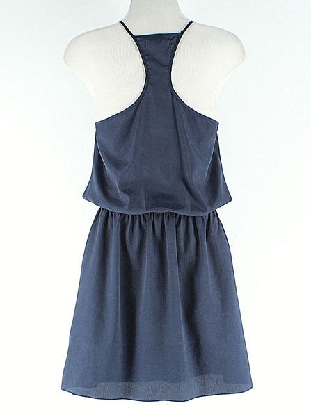 Ya LA Sz S Navy Ruffle Neck Smocked Waist Cotton Polyester Racer Back Dress