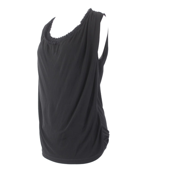 Fuzzi Top Sz XL Black Mesh Ruching Round Neck Sleeveless 100% Viscose Top
