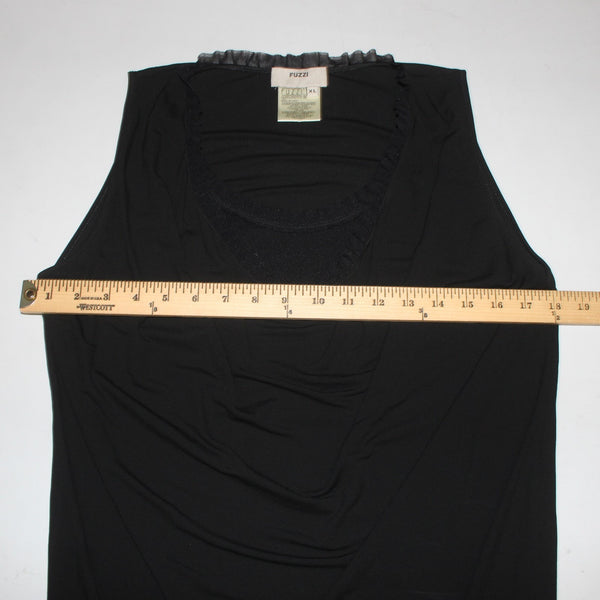Fuzzi Top Sz XL Black Mesh Ruching Round Neck Sleeveless 100% Viscose Top