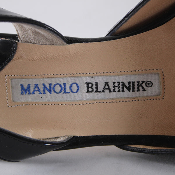 Manolo Blahnik Heels Sz 38 Black Pointed Toe Patent Sling Back Leather Heels