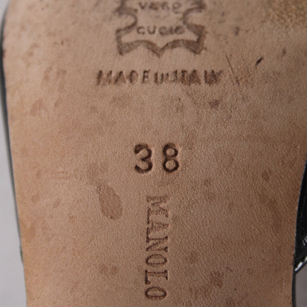 Manolo Blahnik Heels Sz 38 Black Pointed Toe Patent Sling Back Leather Heels