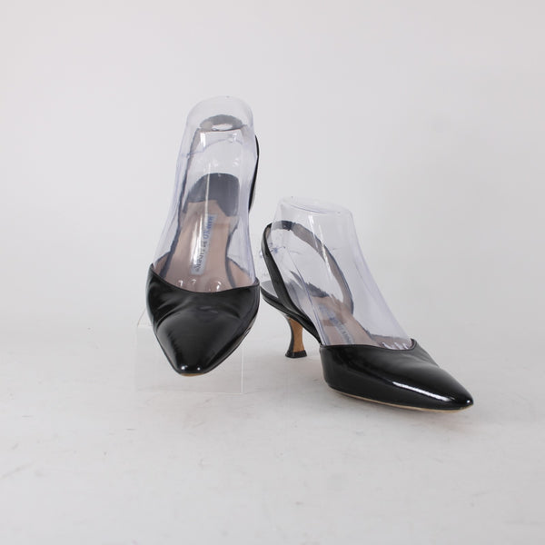 Manolo Blahnik Heels Sz 38 Black Pointed Toe Patent Sling Back Leather Heels