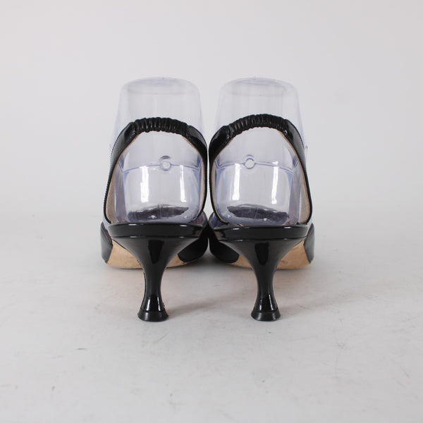 Manolo Blahnik Heels Sz 38 Black Pointed Toe Patent Sling Back Leather Heels