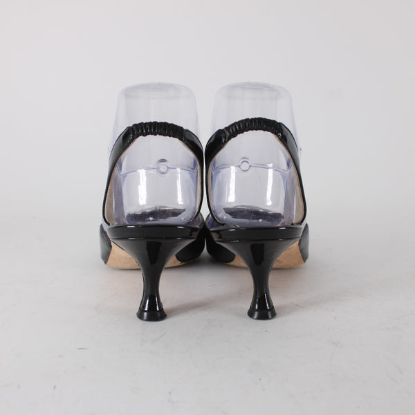 Manolo Blahnik Heels Sz 38 Black Pointed Toe Patent Sling Back Leather Heels