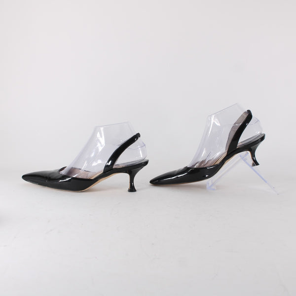 Manolo Blahnik Heels Sz 38 Black Pointed Toe Patent Sling Back Leather Heels