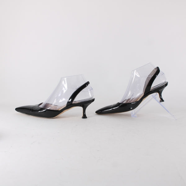 Manolo Blahnik Heels Sz 38 Black Pointed Toe Patent Sling Back Leather Heels