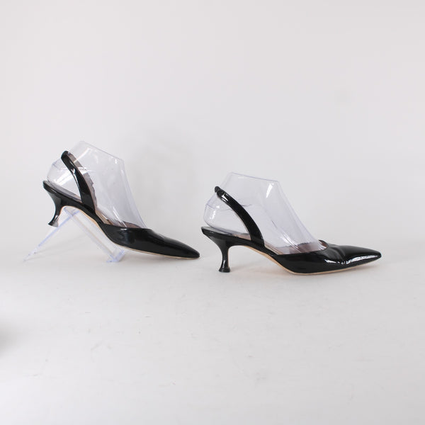 Manolo Blahnik Heels Sz 38 Black Pointed Toe Patent Sling Back Leather Heels