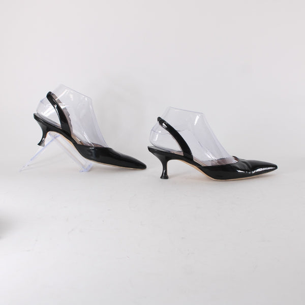 Manolo Blahnik Heels Sz 38 Black Pointed Toe Patent Sling Back Leather Heels