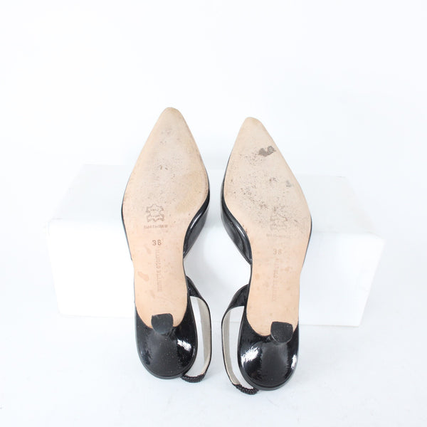 Manolo Blahnik Heels Sz 38 Black Pointed Toe Patent Sling Back Leather Heels
