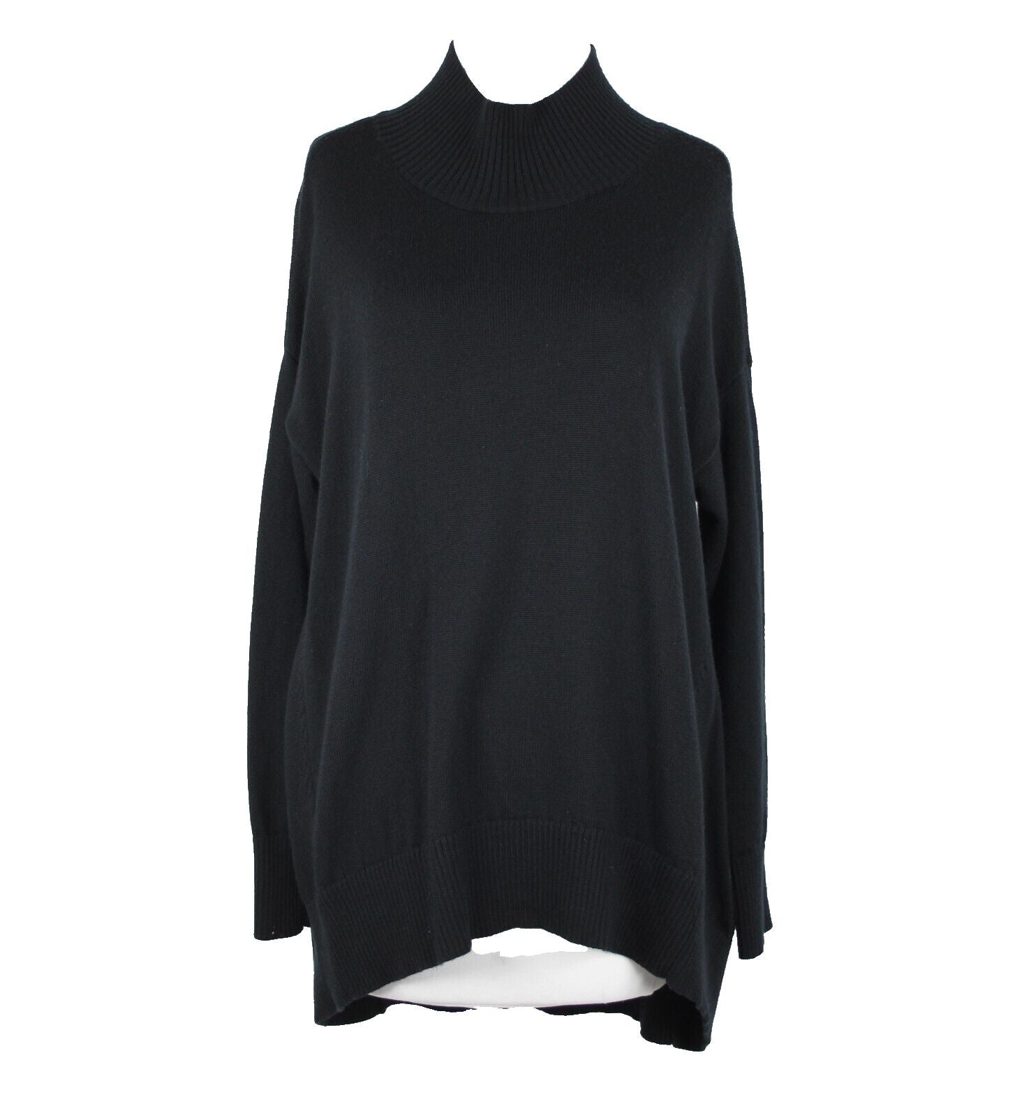 Eileen Fisher Sz S Black Turtle Neck Asymm 100% Extra Fine Merino Wool Sweater